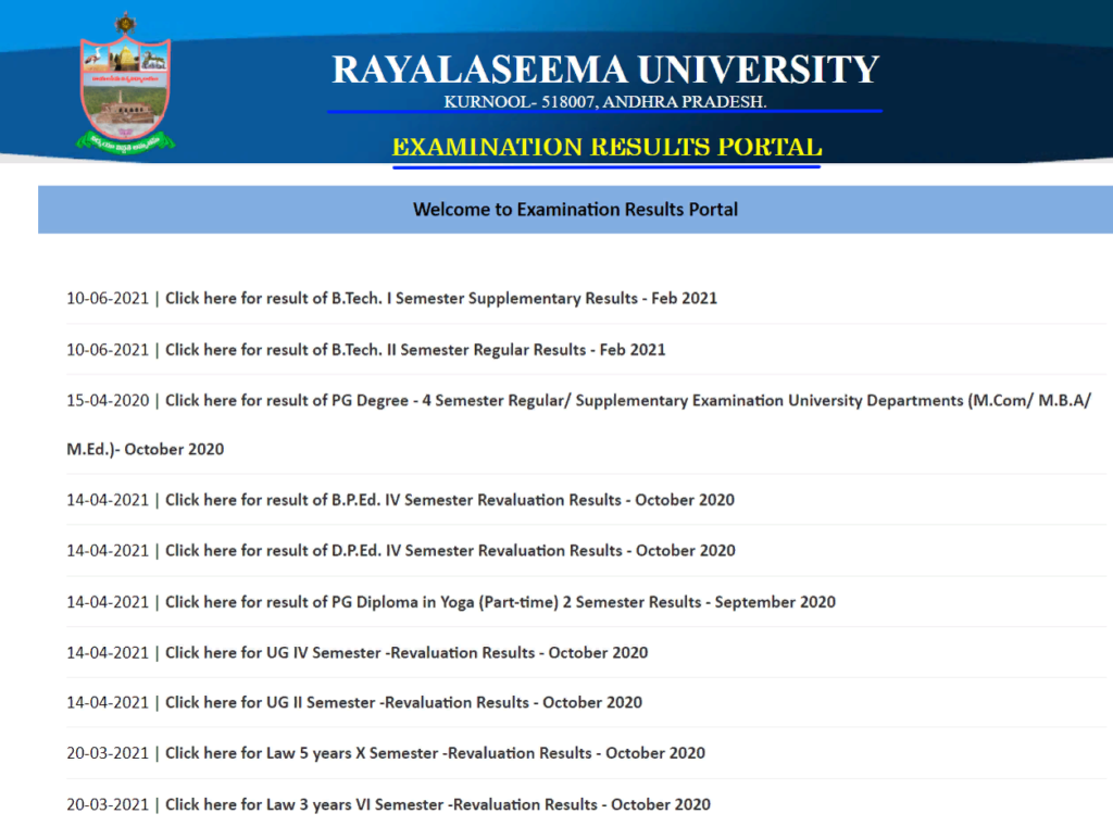 Rayalseema University examination portal
